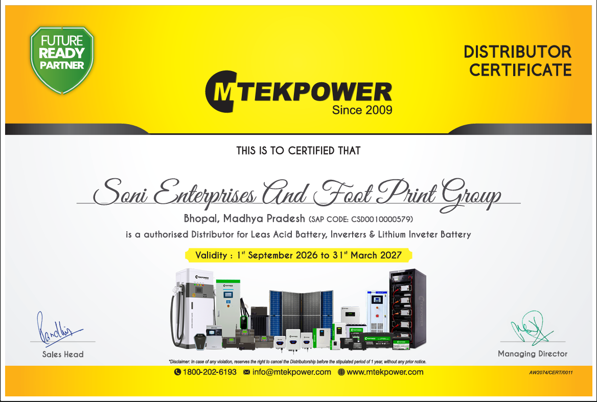 MTekPower Distributor Certificate - Soni Enterprises